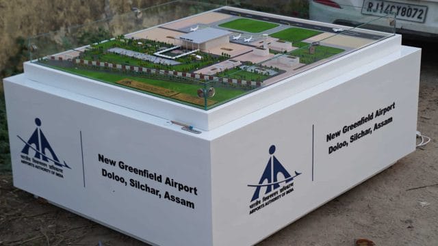 Architectural model of New Greenfield Airport Dolo, Silchar, Assam with detailed layout and faciliti.