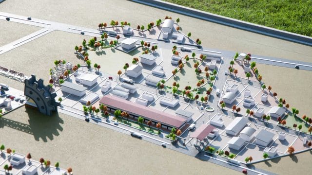 Modern architectural model of 72 Solitaire Park by Kgk Realty, showcasing residential buildings and.