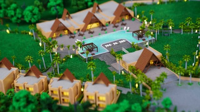 Beige Newt model of luxury resort with pools and tropical landscaping for 60 Ananta Gir.