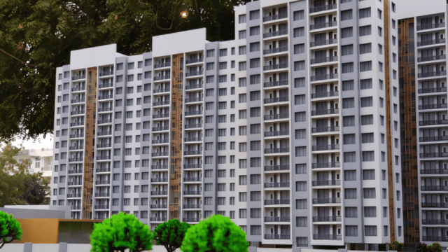 Beige Newt residential apartment complex in Ahmedabad, showcasing modern high-rise architecture.