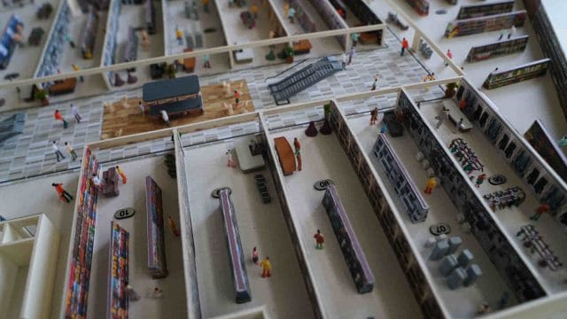 Miniature model of a retail store layout for the "64 GT South City for Exhibition" event.
